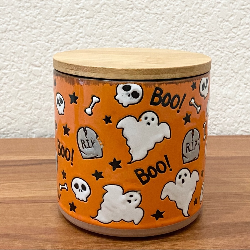 ELI + ANA Halloween Boo Ghost RIP Skull Bones Wood Lid Ceramic Canister 4X4